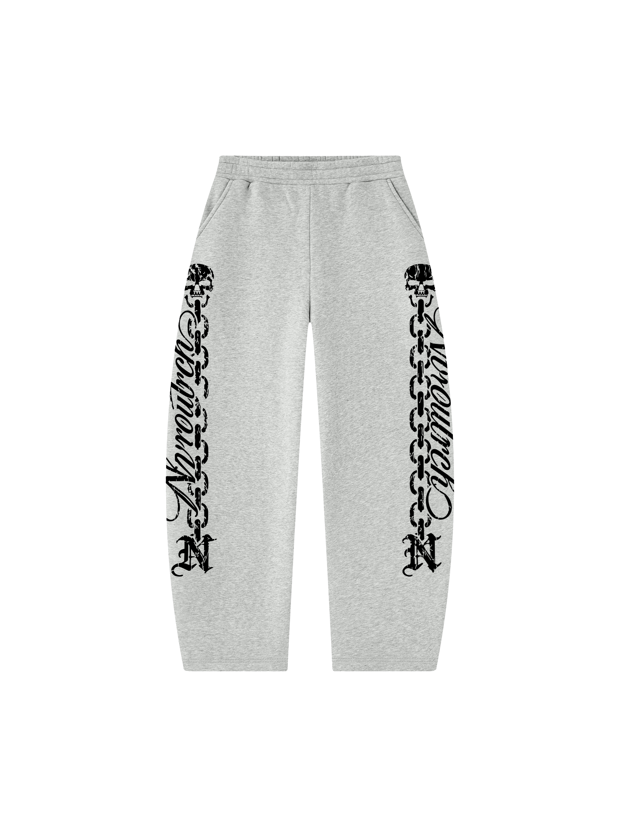 Gray NOR skull-chain sweatpants with black graphics down both legs