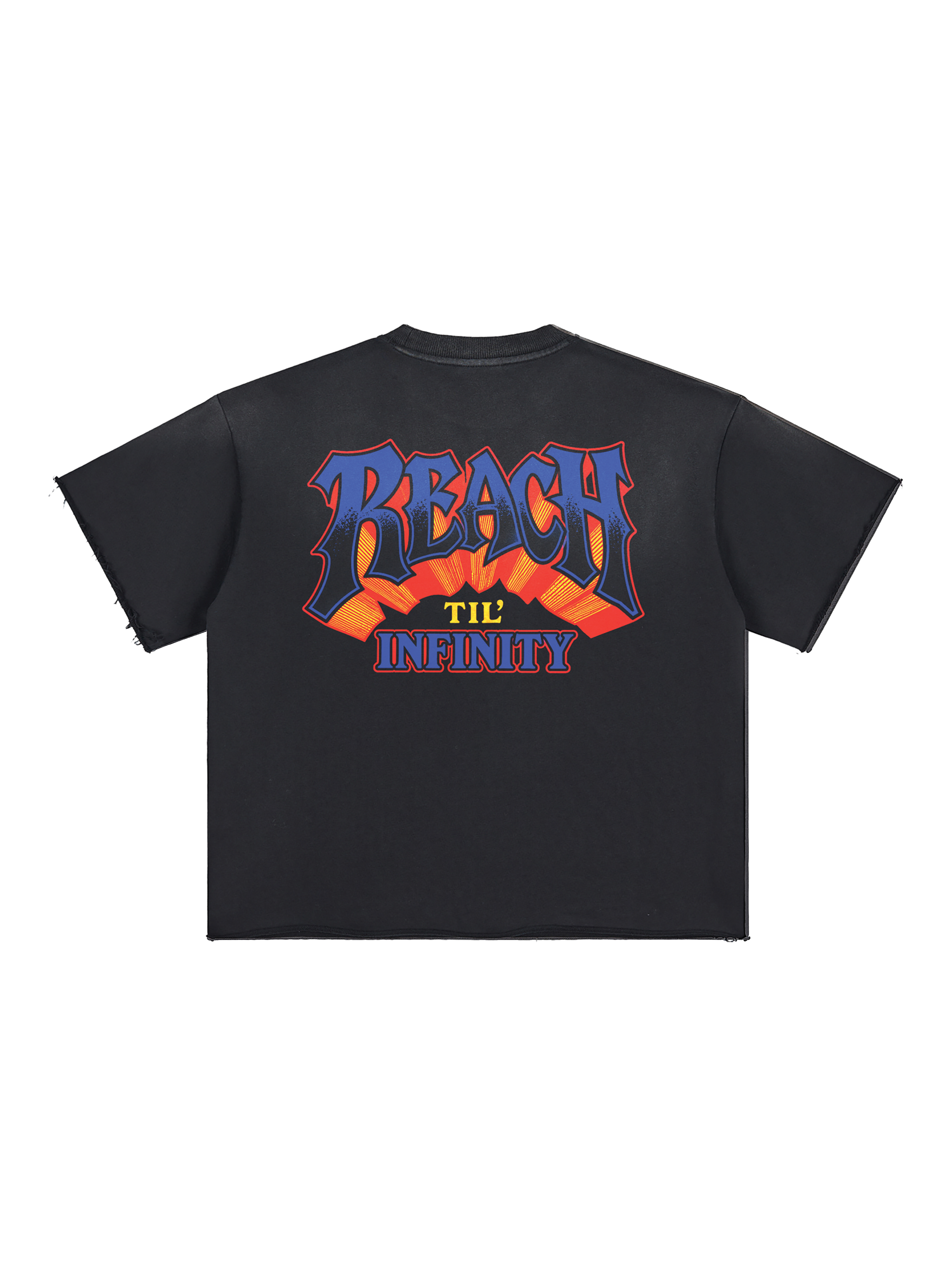 Back of the NOR Reach Til’ Infinity sun-faded black T-shirt with large graphic print