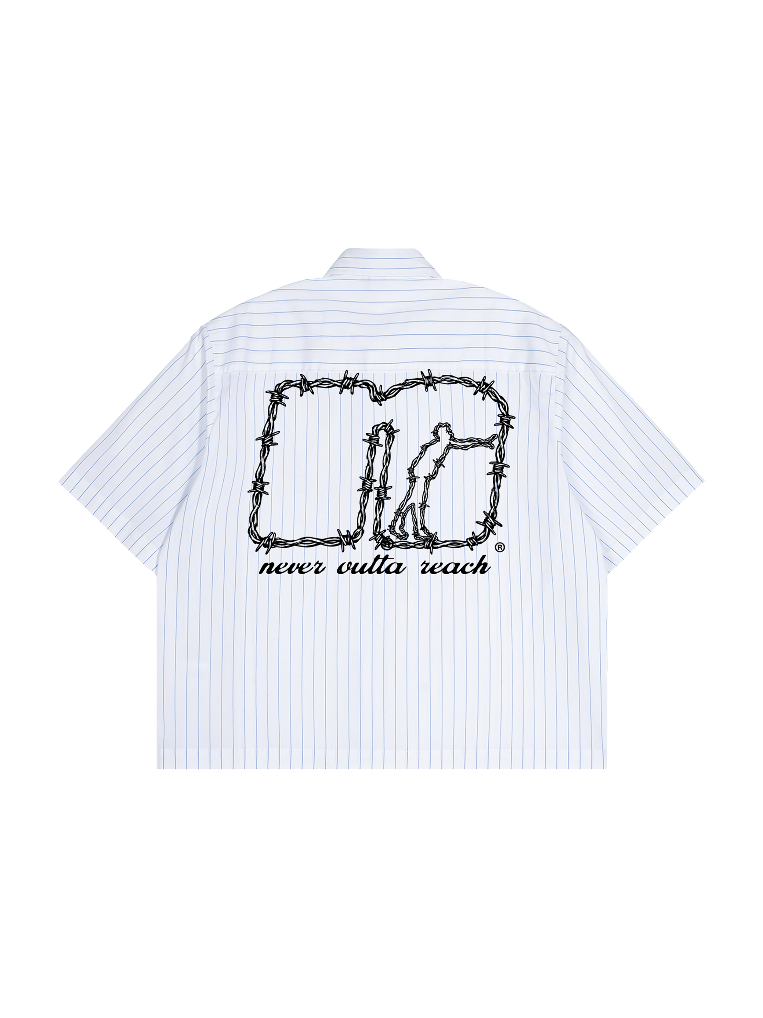 Back of the NOR striped short-sleeve button-up shirt with black barbed-wire graphic