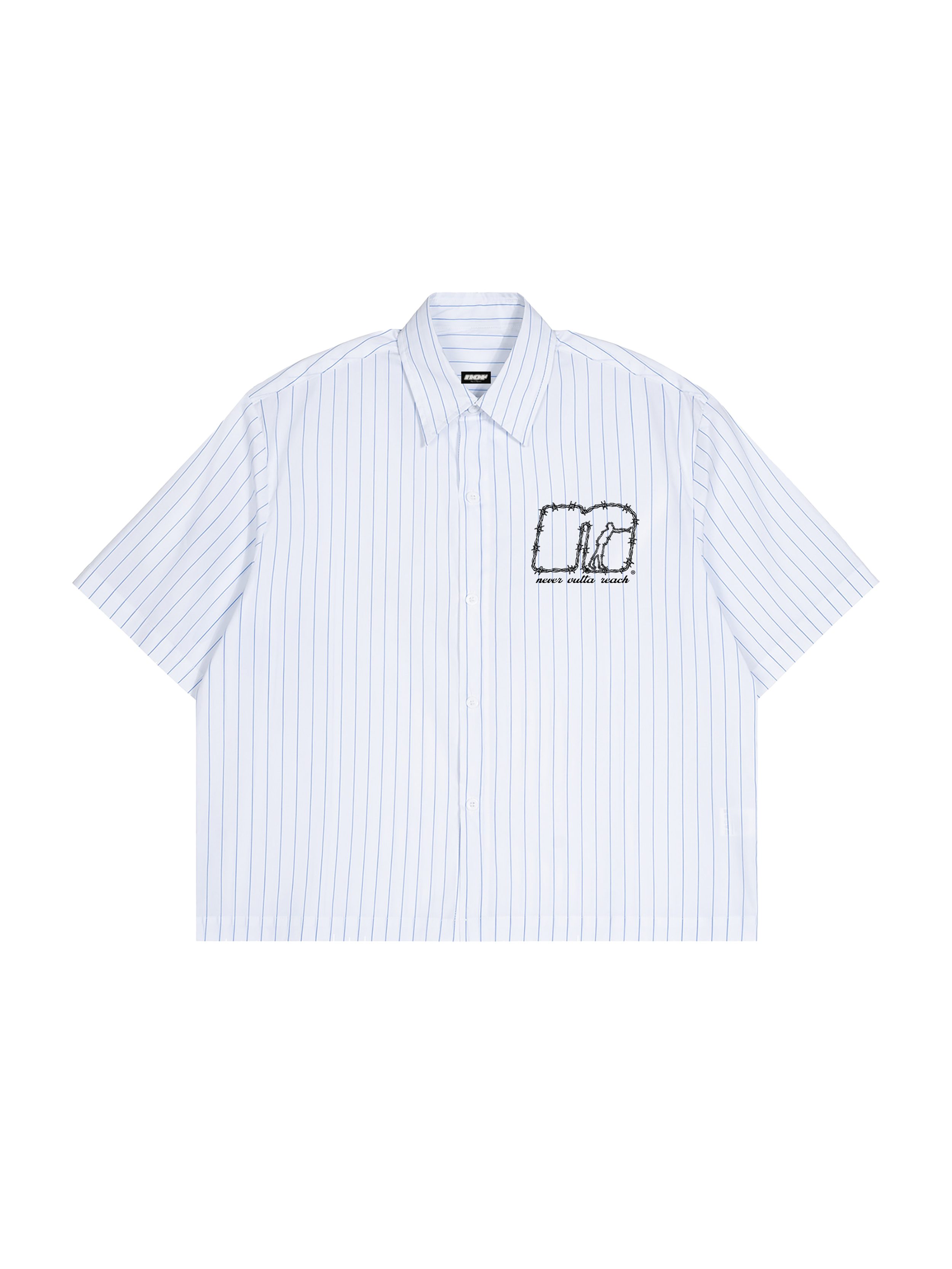 Front of the NOR striped short-sleeve button-up shirt with black barbed-wire chest graphic
