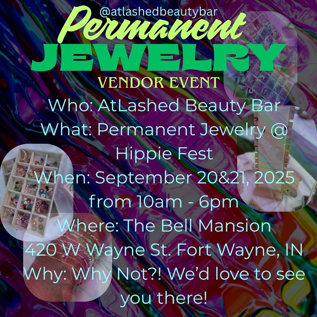 ⚡✨ Permanent Jewelry is making its way to Hippie Fest! ✨⚡
Catch us at The Bell Mansion Sept 20 &amp; 21 from 10&ndash;6 💎
Get linked with @atlashedbeautybar and make your sparkle last forever. ✨
📍420 W Wayne St, Fort Wayne, IN
@glamby.graciex