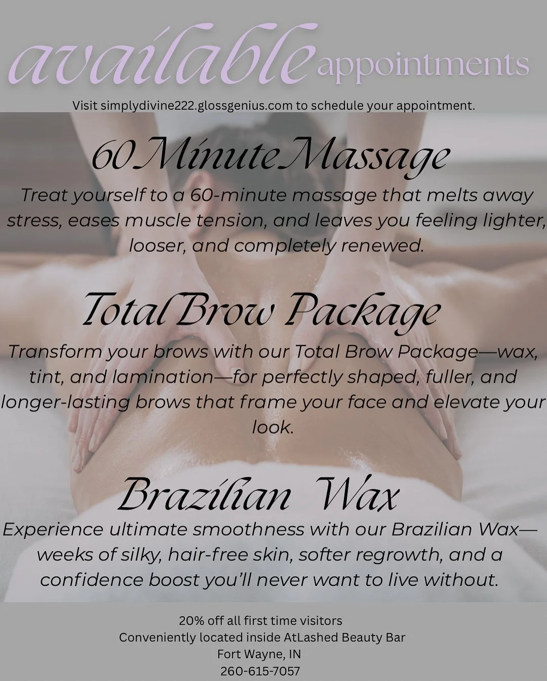 ✨ Ready for a glow-up from head to toe? ✨
We've got open appointments waiting just for you!

💆🏼&zwj;♀️ 60-Minute Massage - melt stress + feel brand new
👁 Total Brow Package - wax, tint &amp; lamination for brows that actually frame your face
🌸 Br