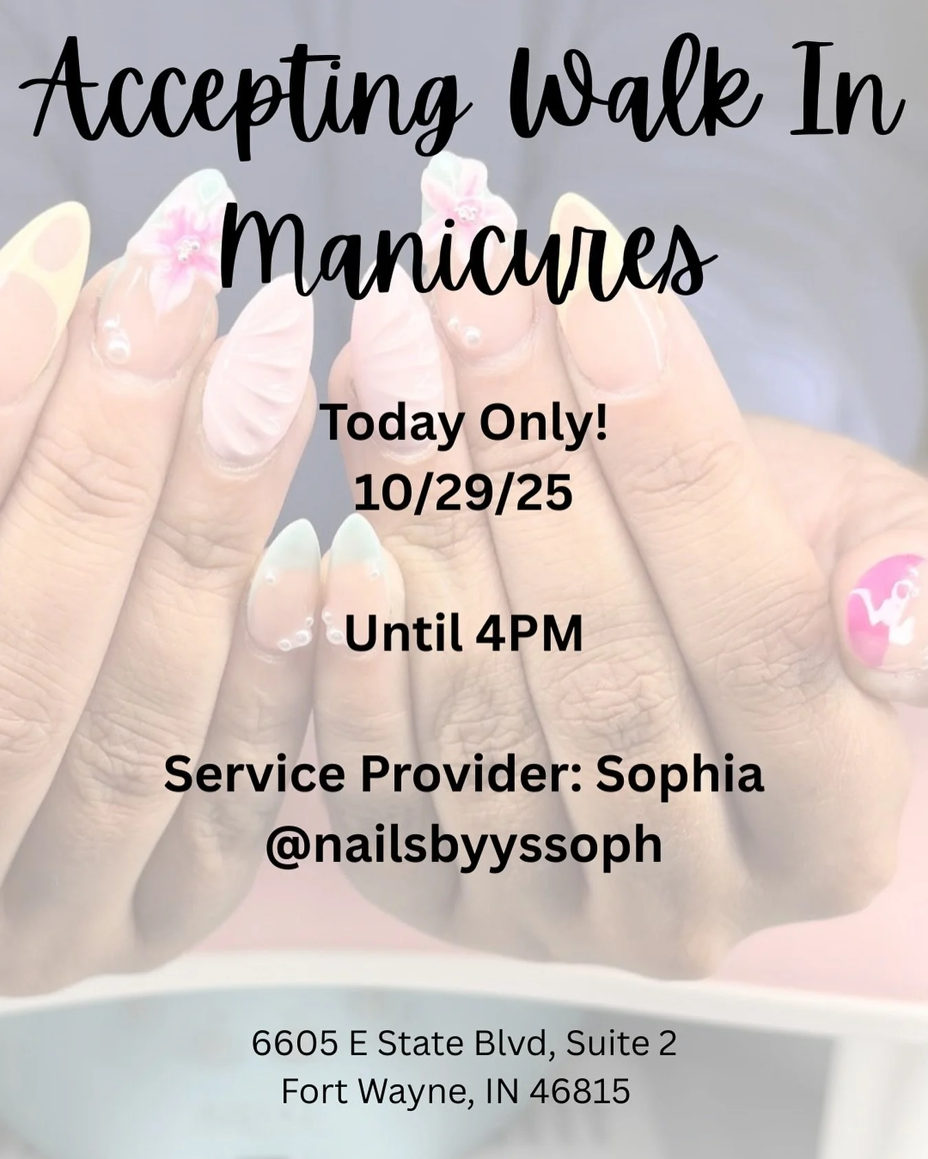 Come see @nailsbyyssoph today at AtLashed Beauty Bar! Taking last walk in at 4pm!