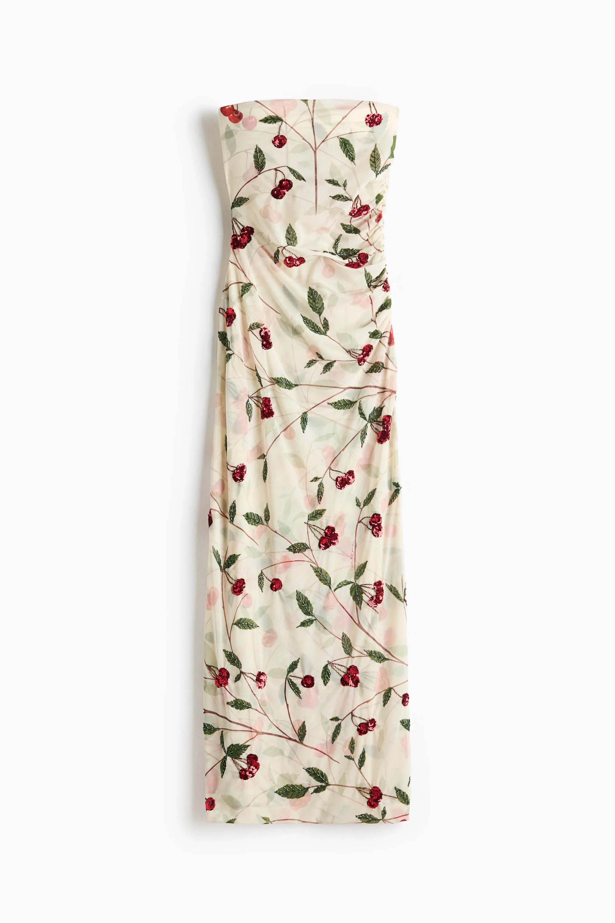 Cream Cherry-Print Mesh Tube Dress