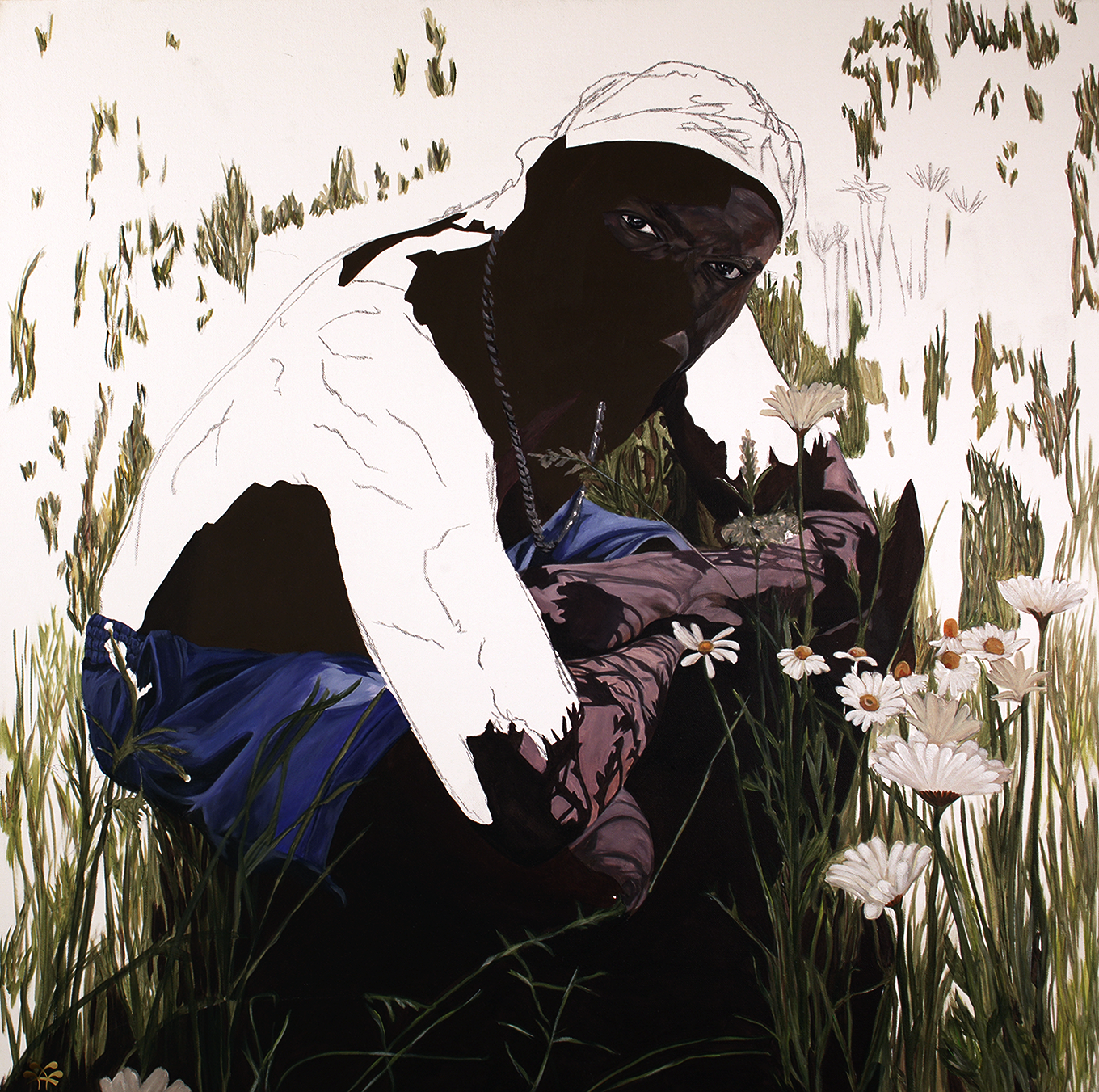 Wild Growth, Southside presents a figure seated low among tall grass and scattered wildflowers, their body turned inward as their gaze meets the viewer directly. Fully rendered areas transition into exposed outlines, while the surrounding nature grow