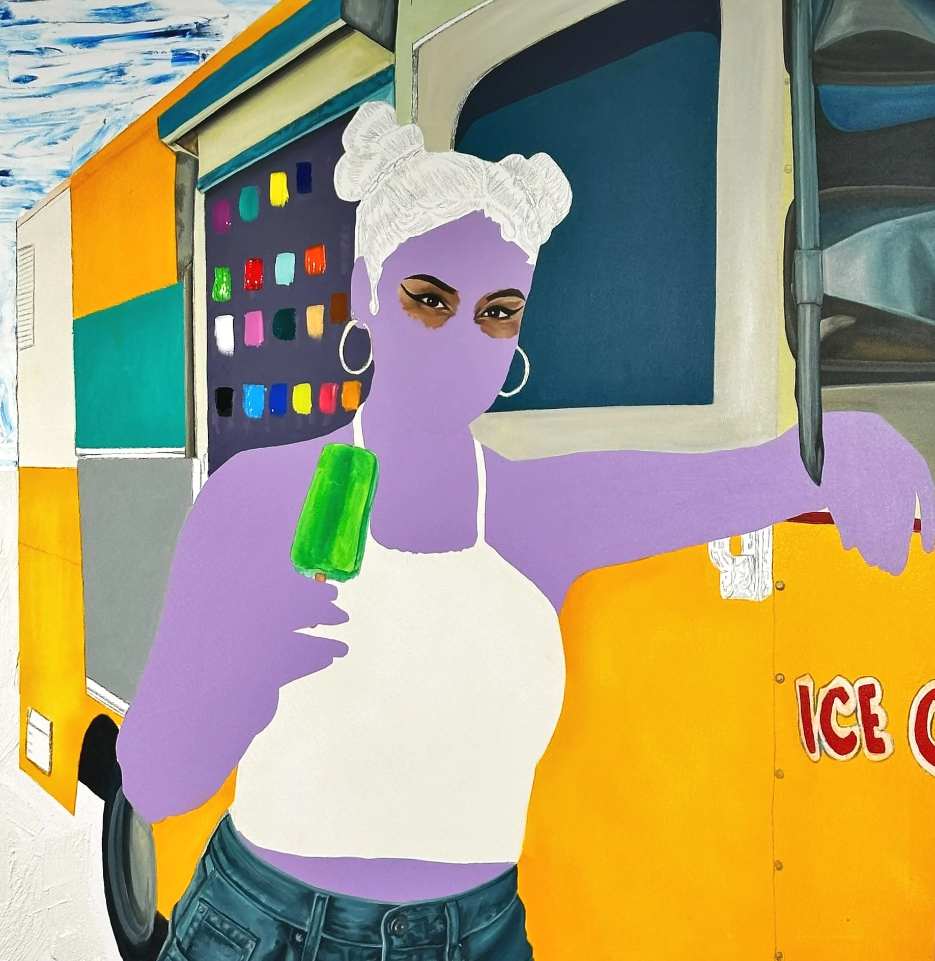 Paleta captures a moment of ease and identity. The title meaning “popsicle” in Spanish, nods to the joys of being outside that carry comfort and cultural memory. Through bold colors and quiet confidence, the work celebrates visibility, youth, and the