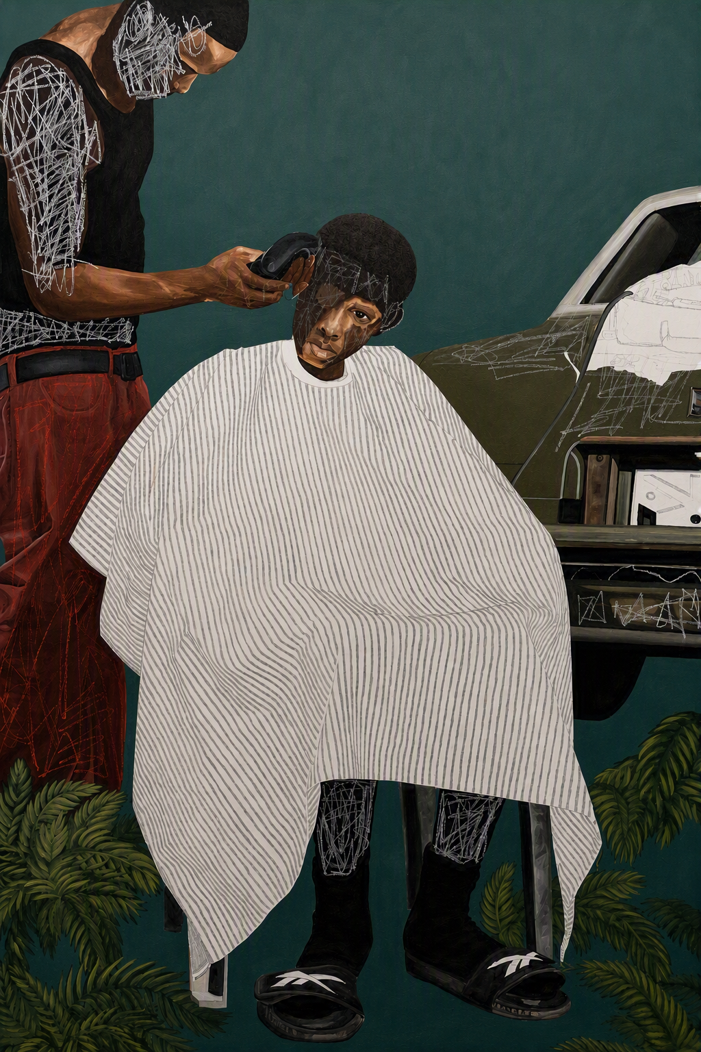 Ferns & Fades begins with a familiar image, reimagined through the artist’s own memory and experience. The scene recalls time spent in Africa learning to cut hair, where a simple act of care opened space for stories, cultural exchange, and shared und
