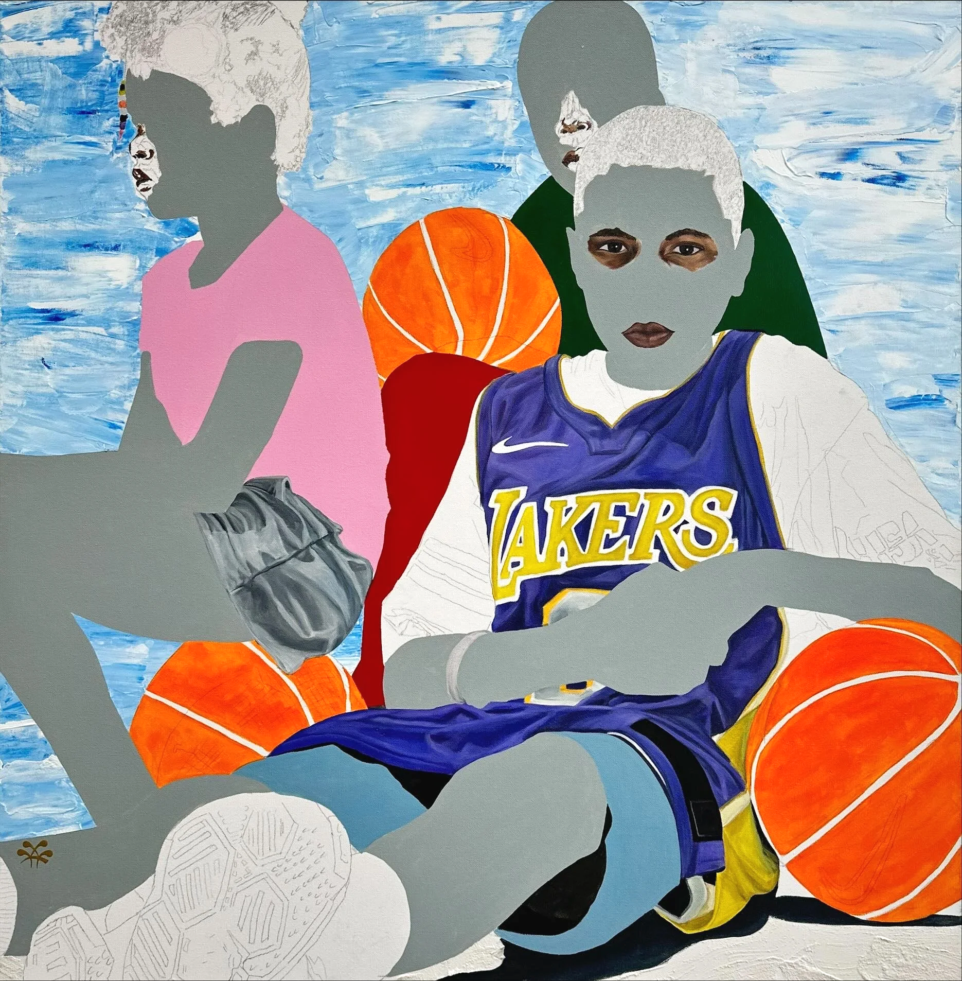 This piece asks "Who Got Next" to play, not only as a challenge, but as a call to continuity. The layered surfaces recall basketball courts, street corners, cul-de-sacs, and neighborhood voices, each competing and collaborating for the love of the ga
