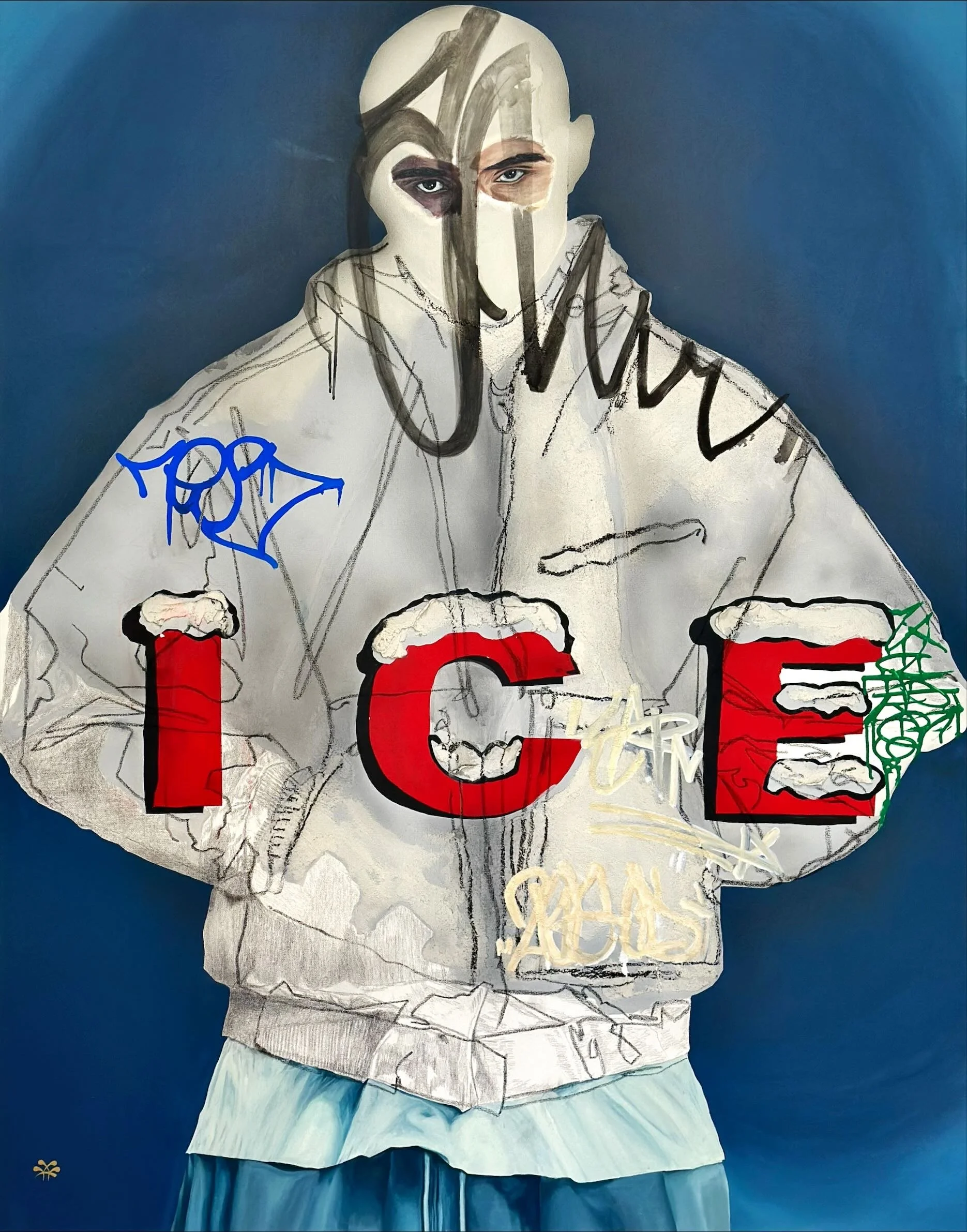 Don’t Freeze examines the tension between visibility, control, and survival through a layered combination of realism, graffiti, and text. The bold red “ICE” anchors the composition, while cold tonal shifts, fragmented surfaces, and graffiti create an