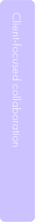 Light purple vertical banner with the text 'Client-focused collaboration' written vertically in white.