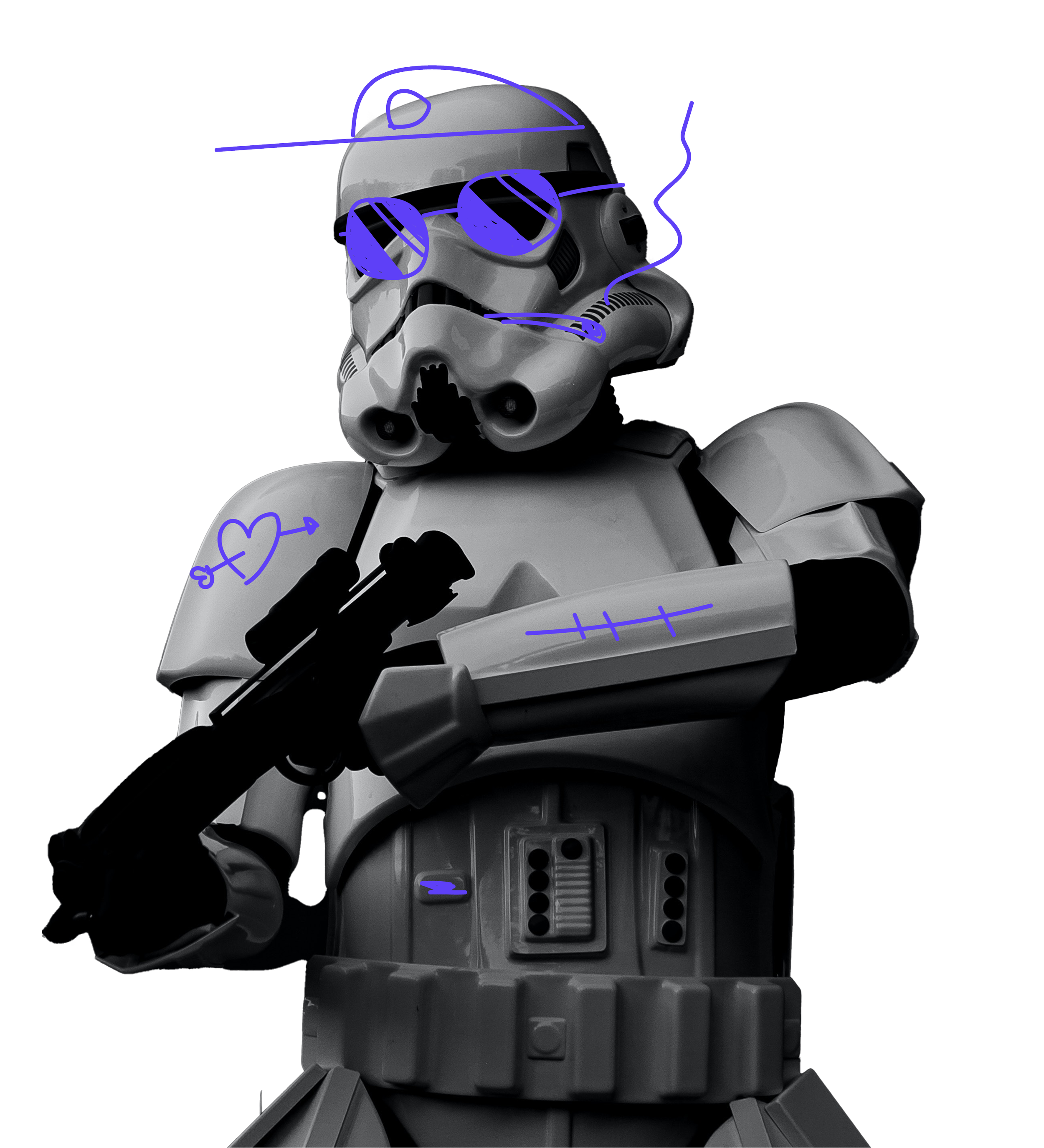 A stormtrooper from Star Wars wearing sunglasses, with hand-drawn blue lines and symbols including a heart, sunglasses, and a cigarette, on a black background.