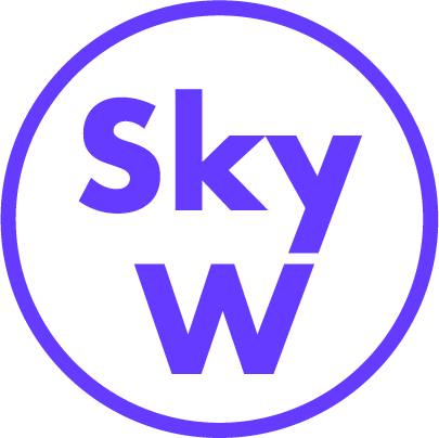 A white circular logo with purple text that reads 'sky W' inside a purple circle.