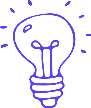 Simple purple line drawing of a light bulb with rays around it.