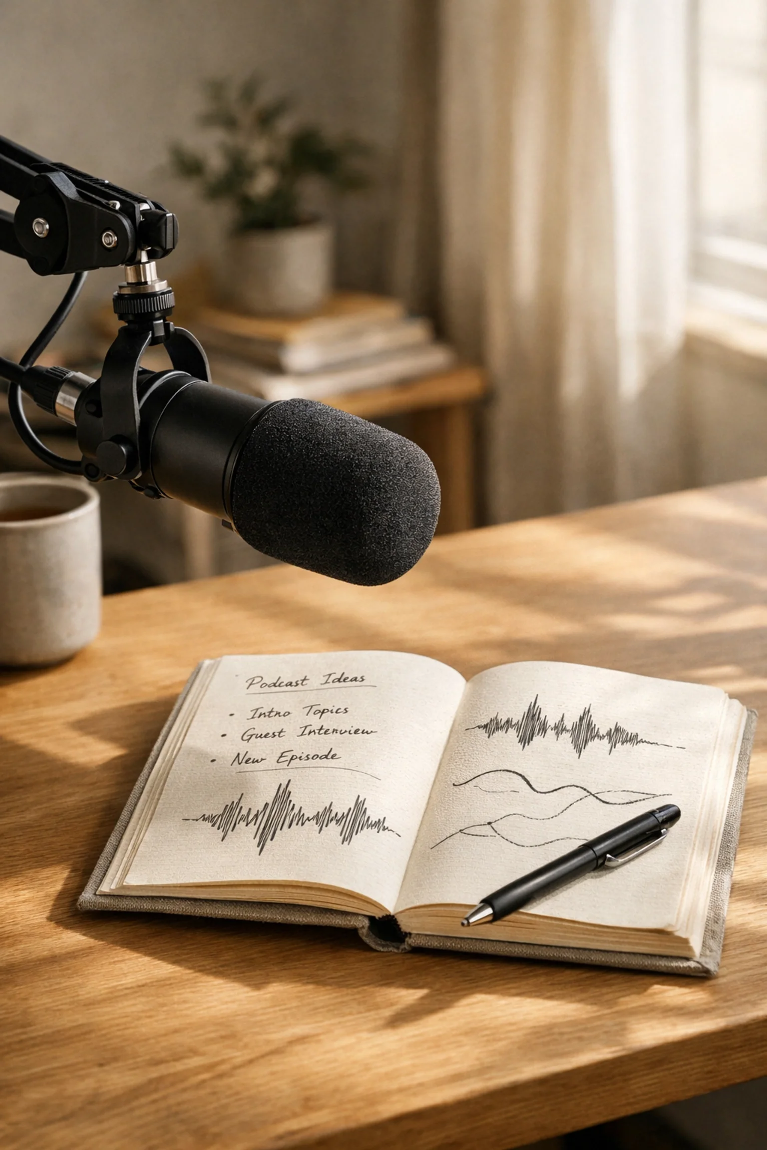 Creative brand storytelling through podcasting. An open journal shows sketches of audio waves and content strategy ideas on a sunny wooden desk next to a broadcast microphone.