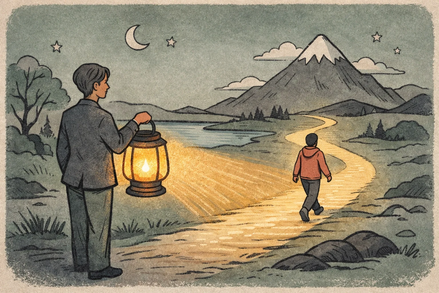 man in a suit holds a lantern as another man in a red hoodie walks down a path toward a mountain.