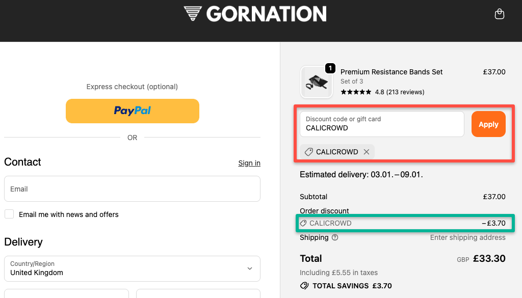 Gornation discount code being applied in an online checkout