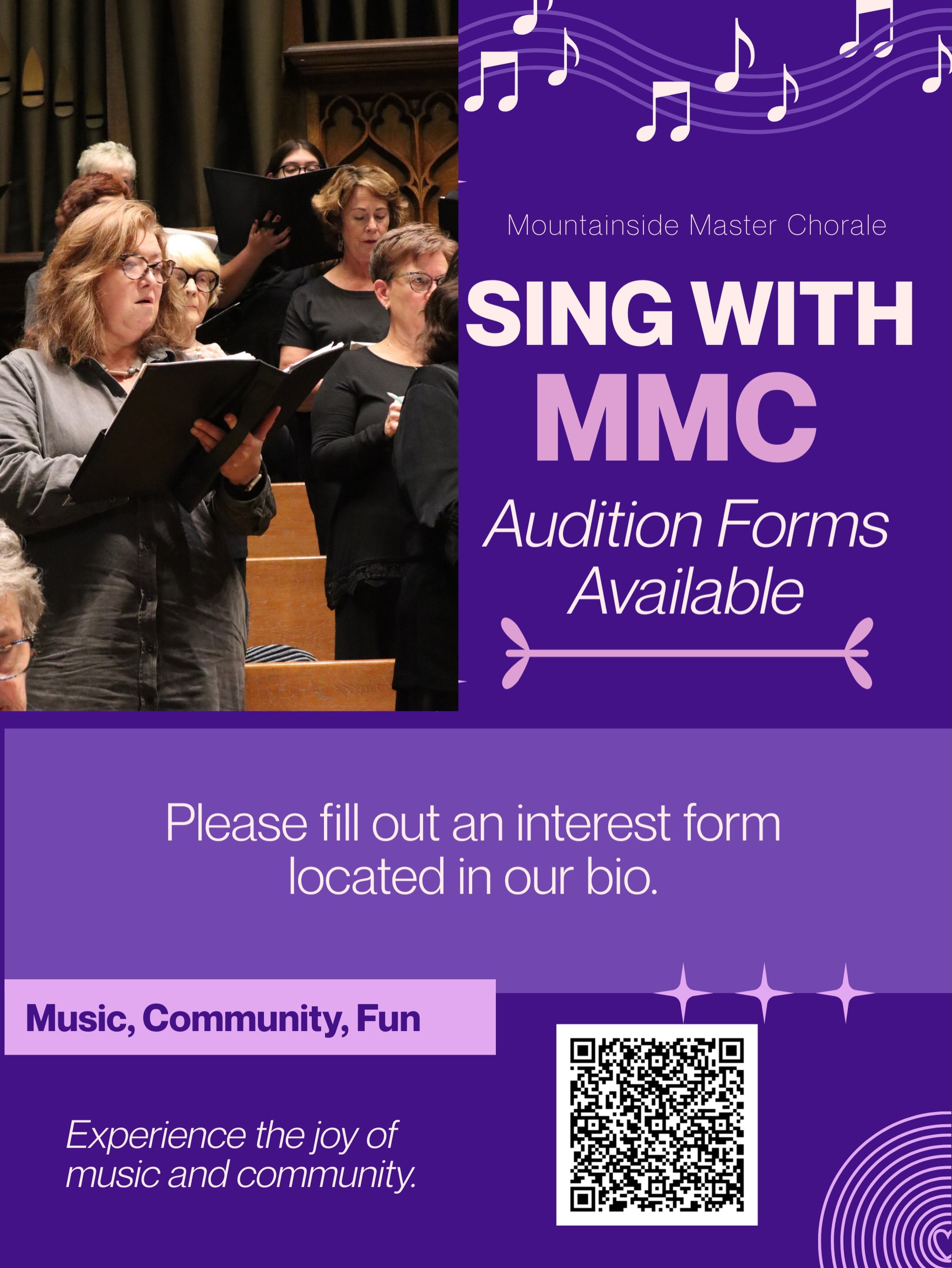 Are you looking to sing your heart out? Join @mountainsidemasterchorale today! 🎶

Schedule your audition by filling out the interest form in our bio or scanning the QR code. 

#LAcommunitychoir #audition #chorale