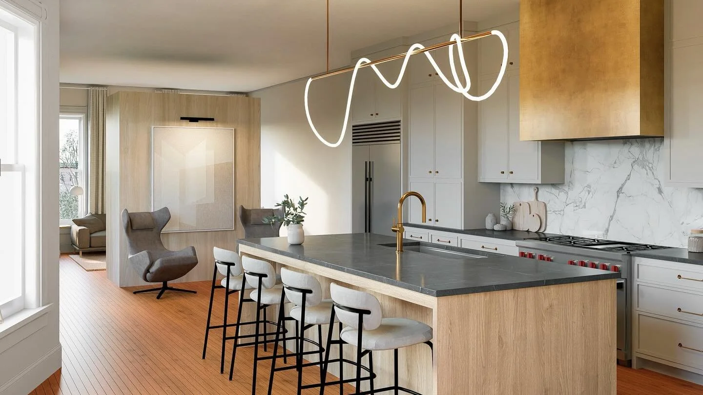 Concept renderings for a renovation in the Fan District that bridges past and present. While the front rooms of this Victorian home honor its historic charm, the kitchen and adjoining family room bring in fresh, functional updates for its next chapte