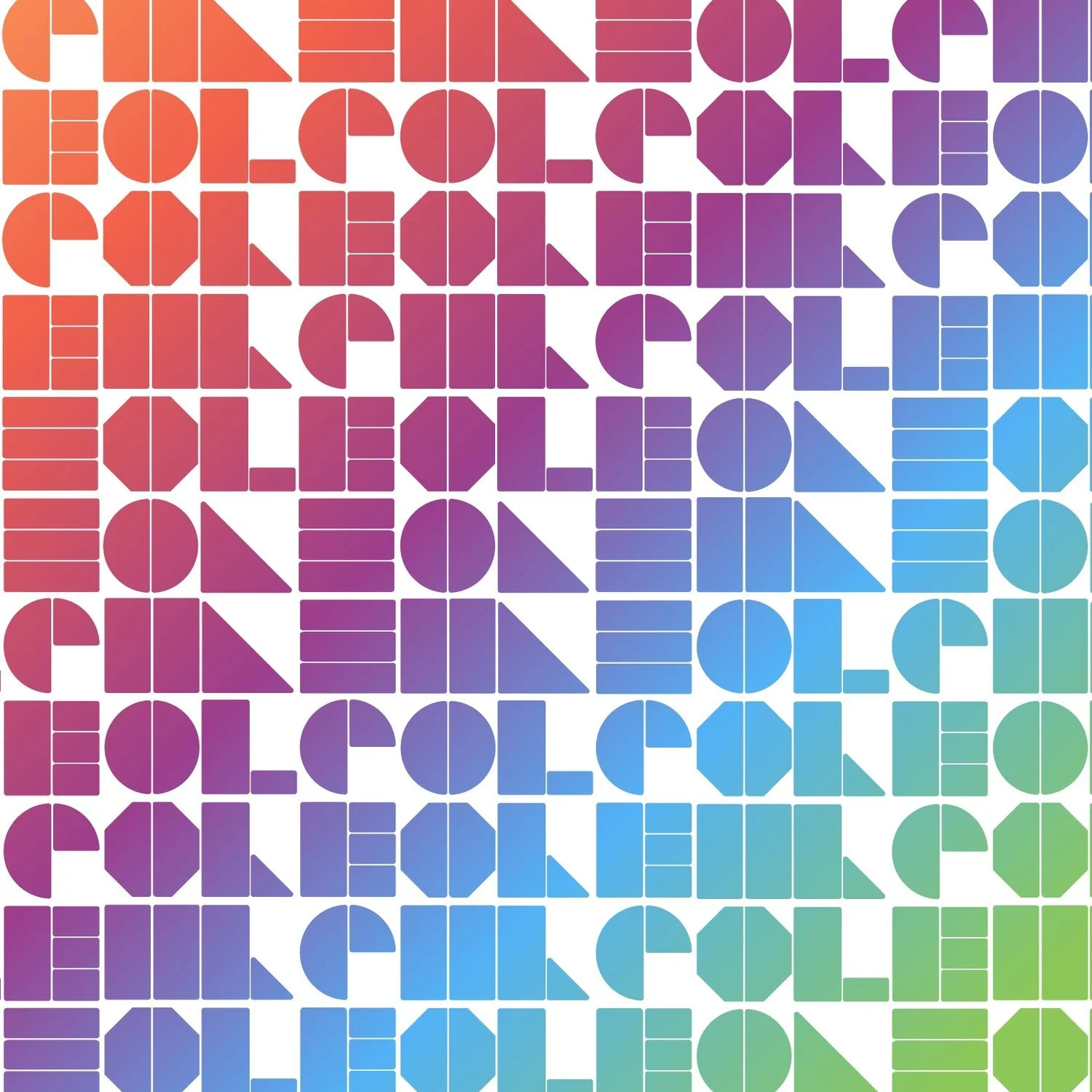 Colorful geometric pattern with letters spelling 'FOLCULESSION' in various shades of orange, purple, blue, and green.