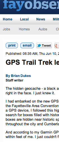 THE FAYETTEVILLE OBSERVER features FACVB's Geocaching Trail