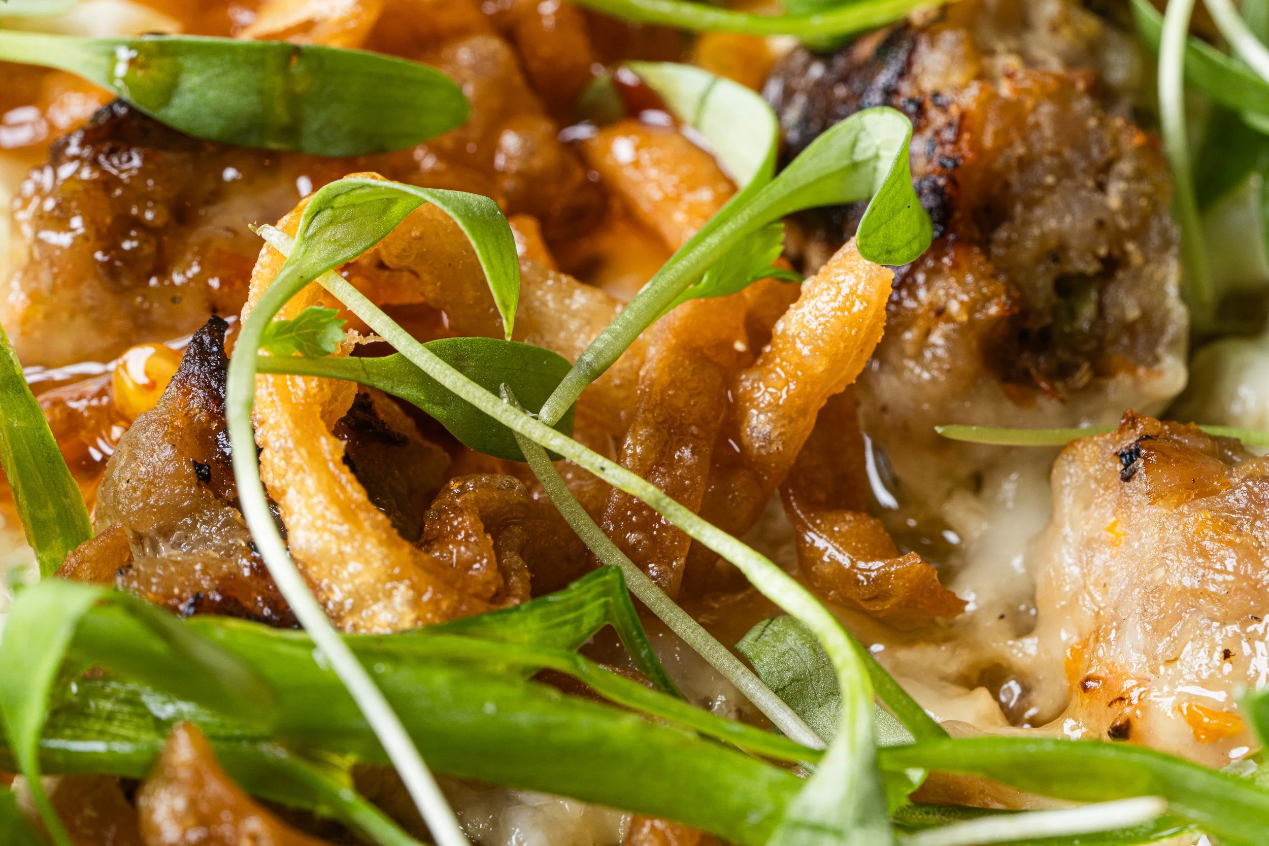 A close-up look at the roasted pork lumpia and other toppings on the Werkz special.