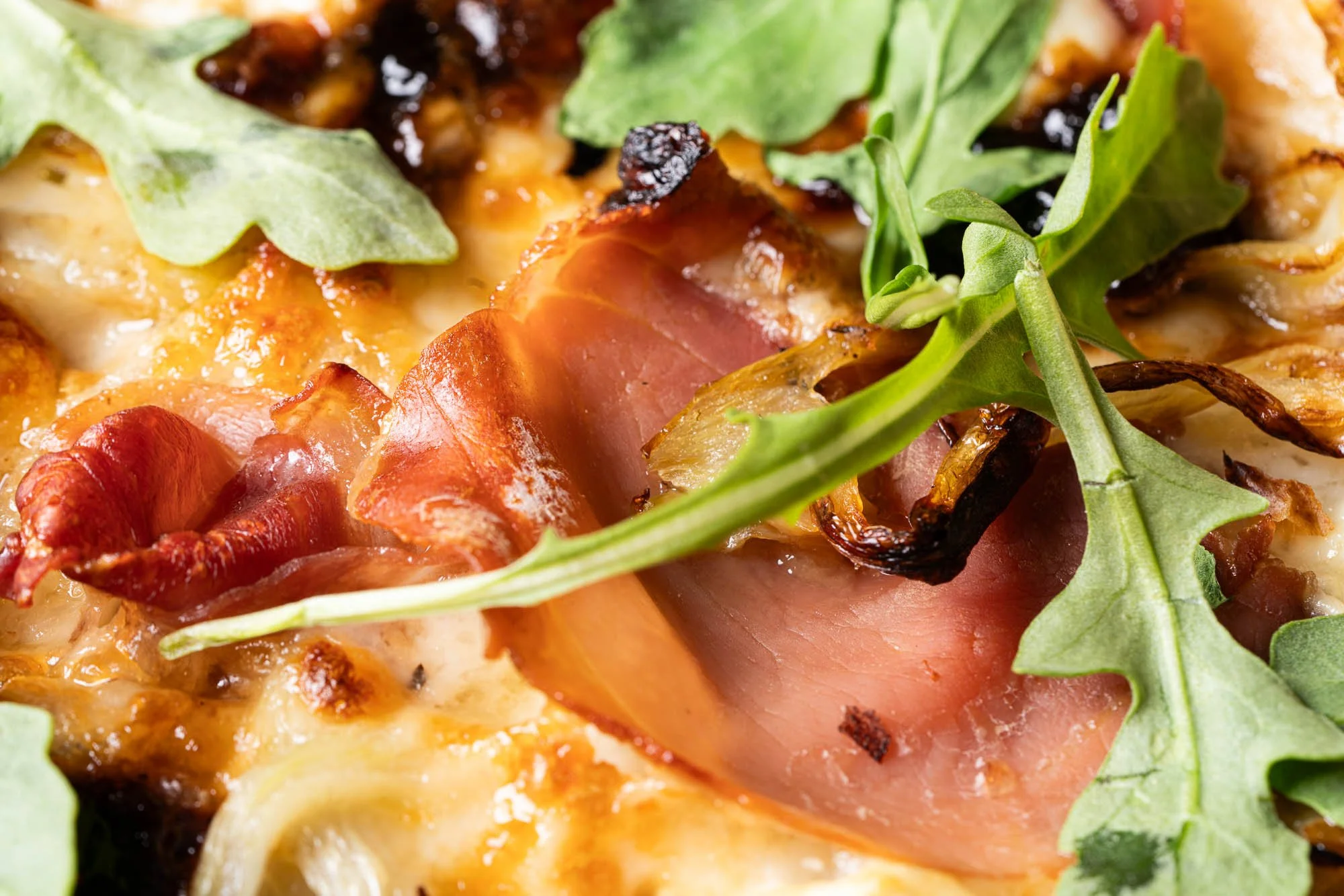 Close up view of roasted prosciutto and charred fennel