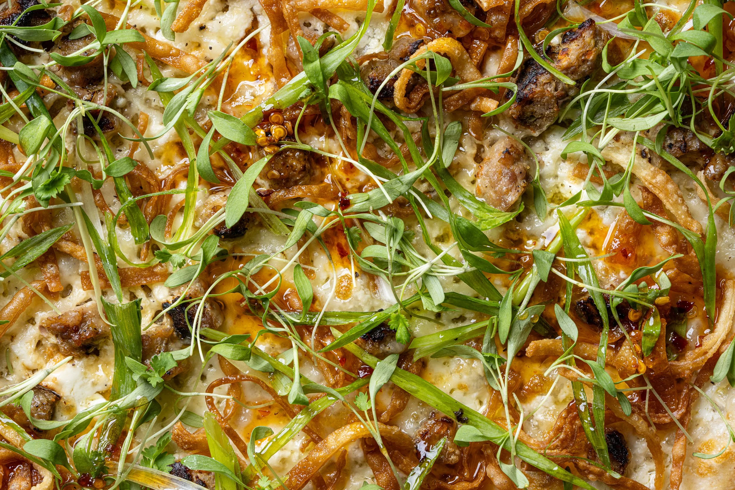A close-up look at the topping on the Werkz special including pork lumpia, wontons, spring onions and cheese.
