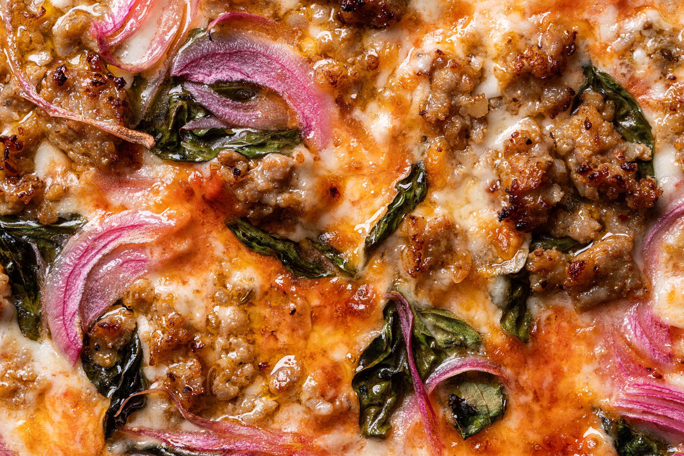 detailed view of delicious sausage, cheese and pickled red onion