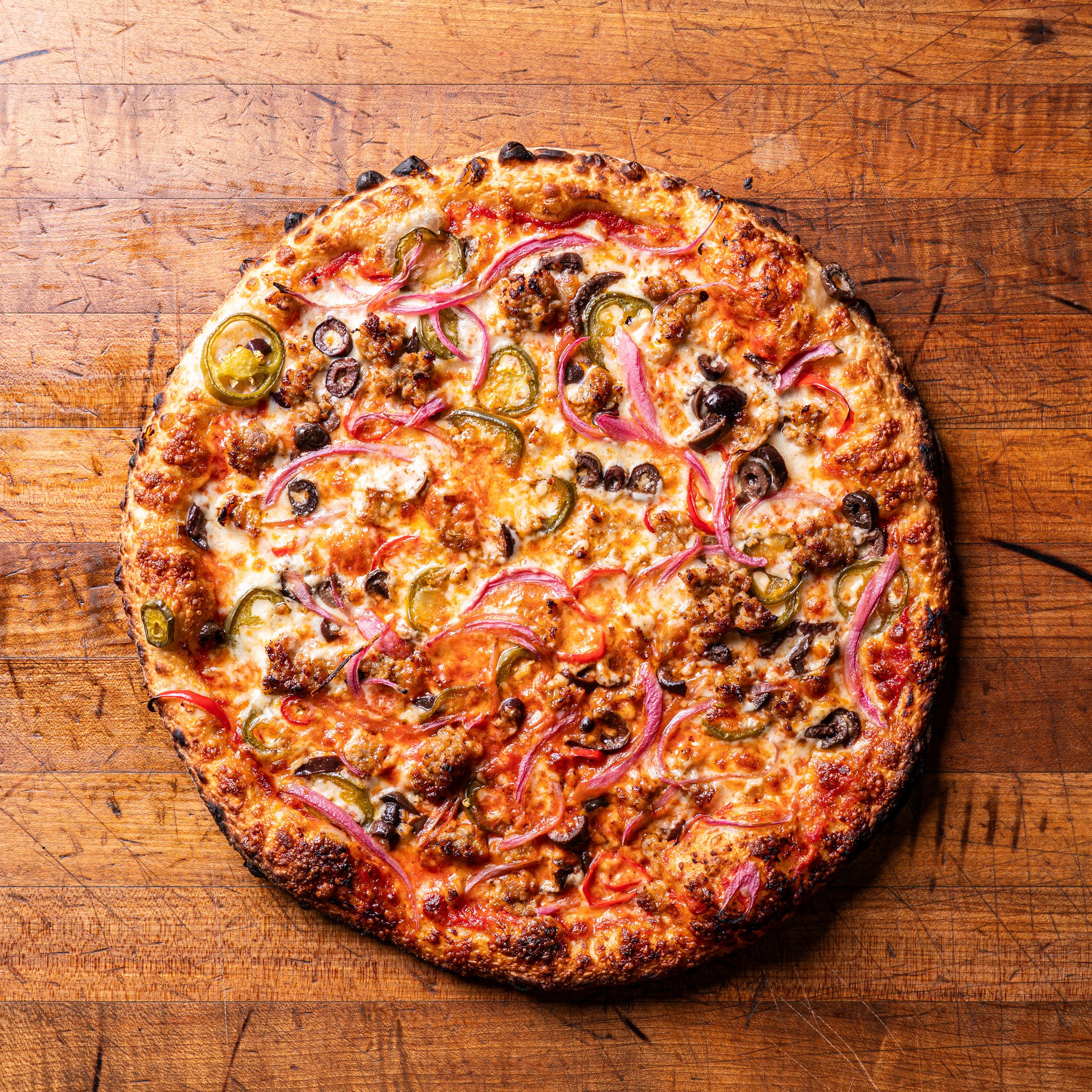 overhead view of the 777 pizza