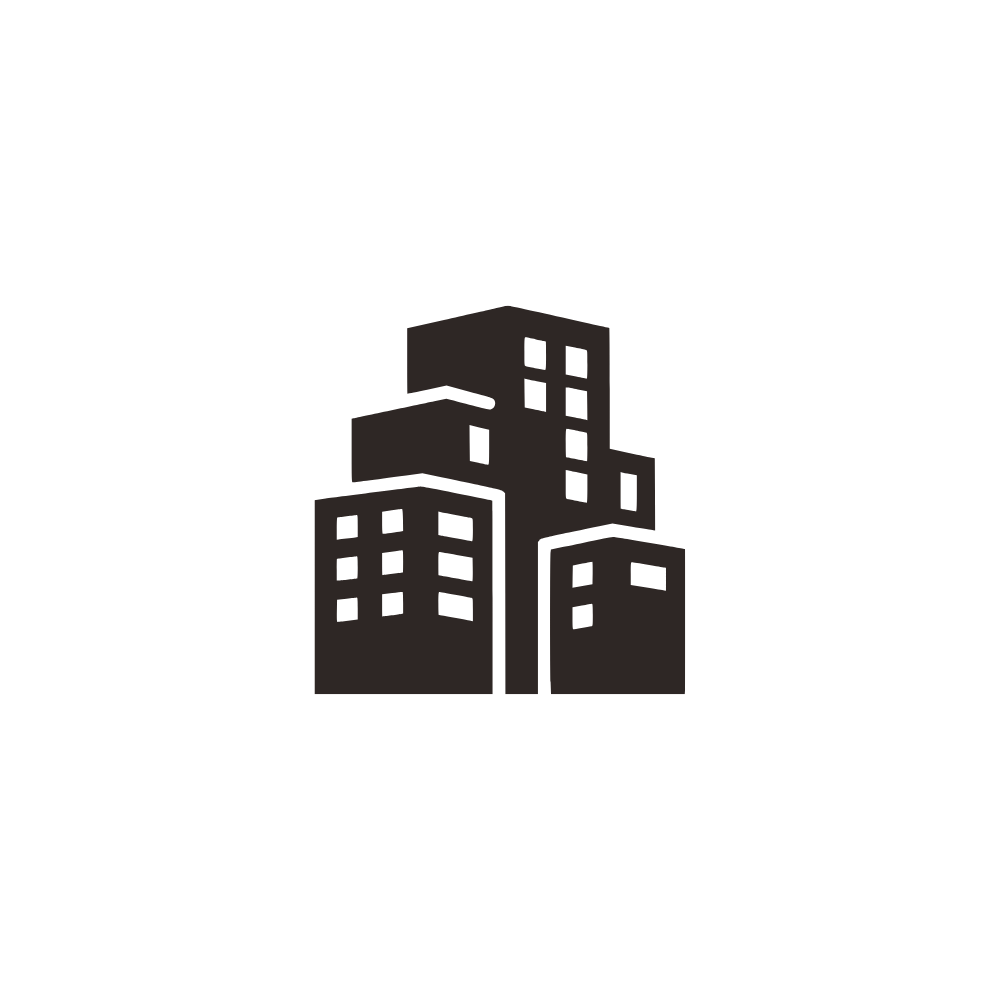 Black silhouette of a city skyline with tall buildings on a black background.