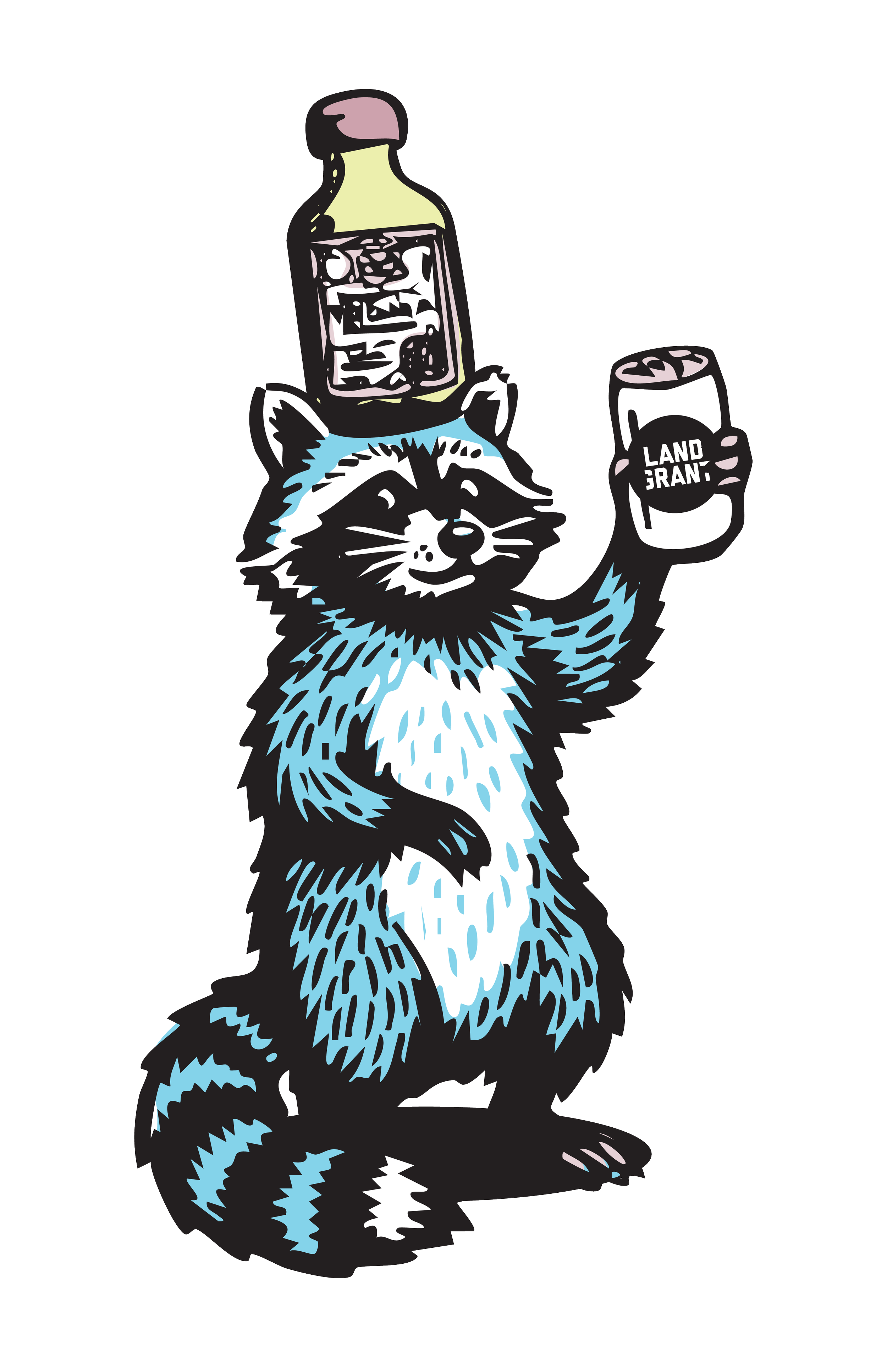 A graphic illustration of a raccoon holding a can in one paw and a bottle in the other, with the bottle label reading 'Land Grant'.