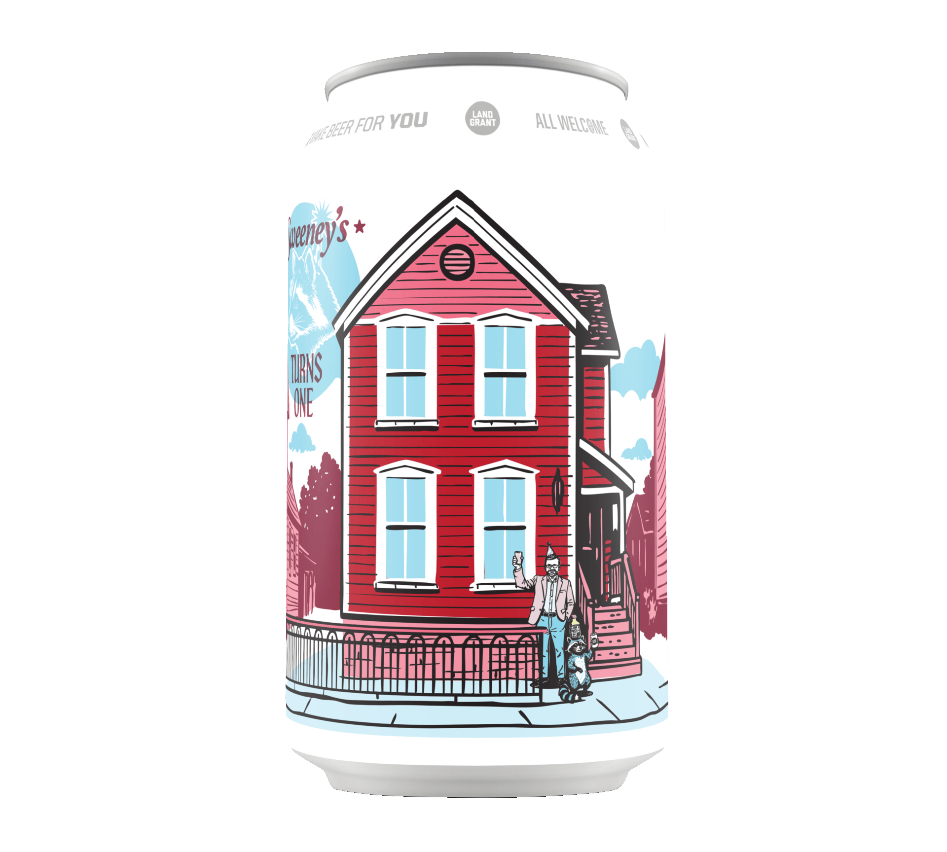 A colorful can illustration featuring a red house with a man taking a selfie and a dog on a leash outside. The background shows trees and clouds, with part of the word "WEENY'S" visible on the can.