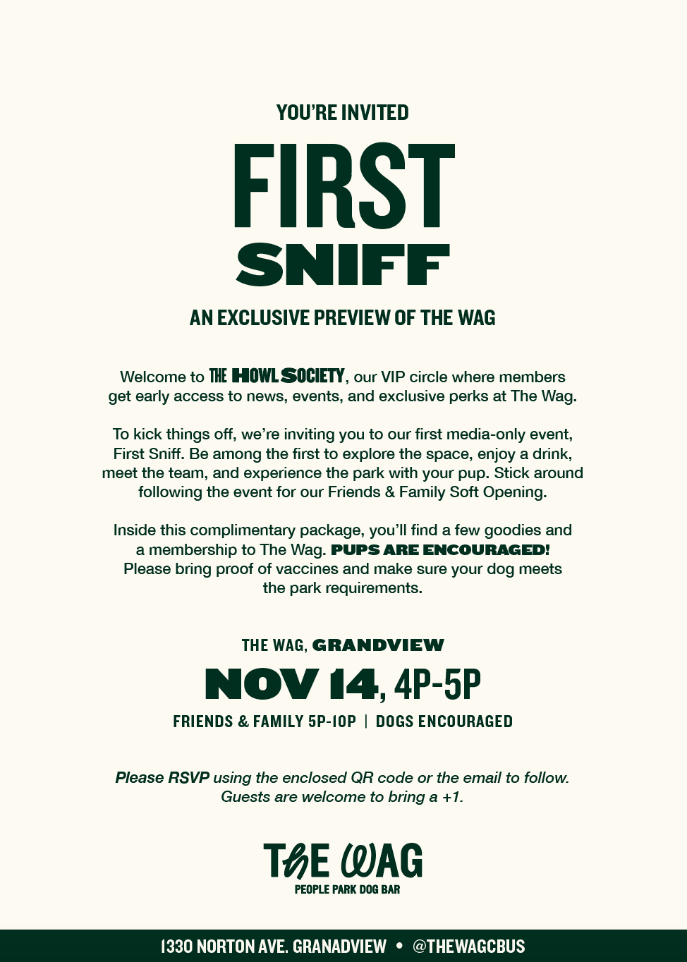 Invitation flyer for a dog park event called First Sniff at The Wag in Granadview, featuring details about early access, event date and time, and COVID guidelines.