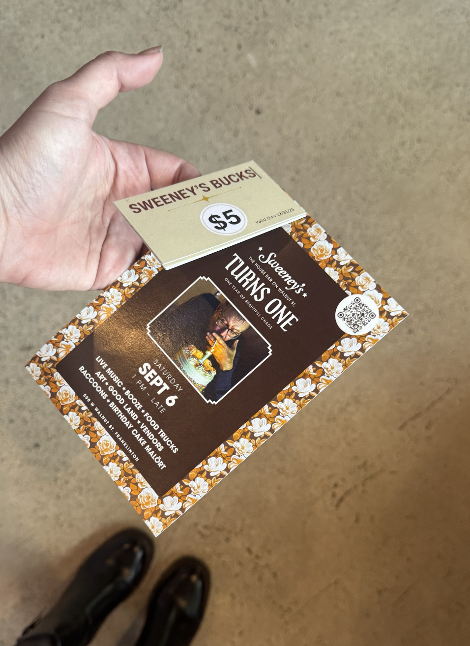 Event flyer for Sweeney's Tutt's One on Walnut Street, featuring a birthday celebration on Saturday, September 6 with live music, booze, food trucks, and vendor booths, and ticket price of $5.