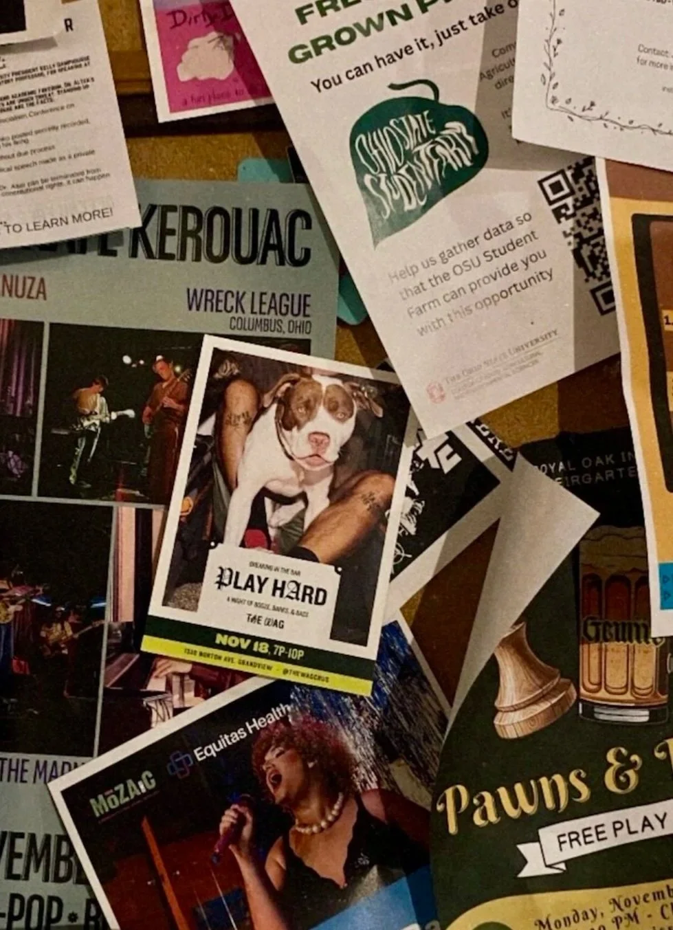 A collage of various flyers and photographs pinned to a bulletin board, including promotional posters for events, a flyer with a dog image, a concert advertisement with a singer, and miscellaneous papers.