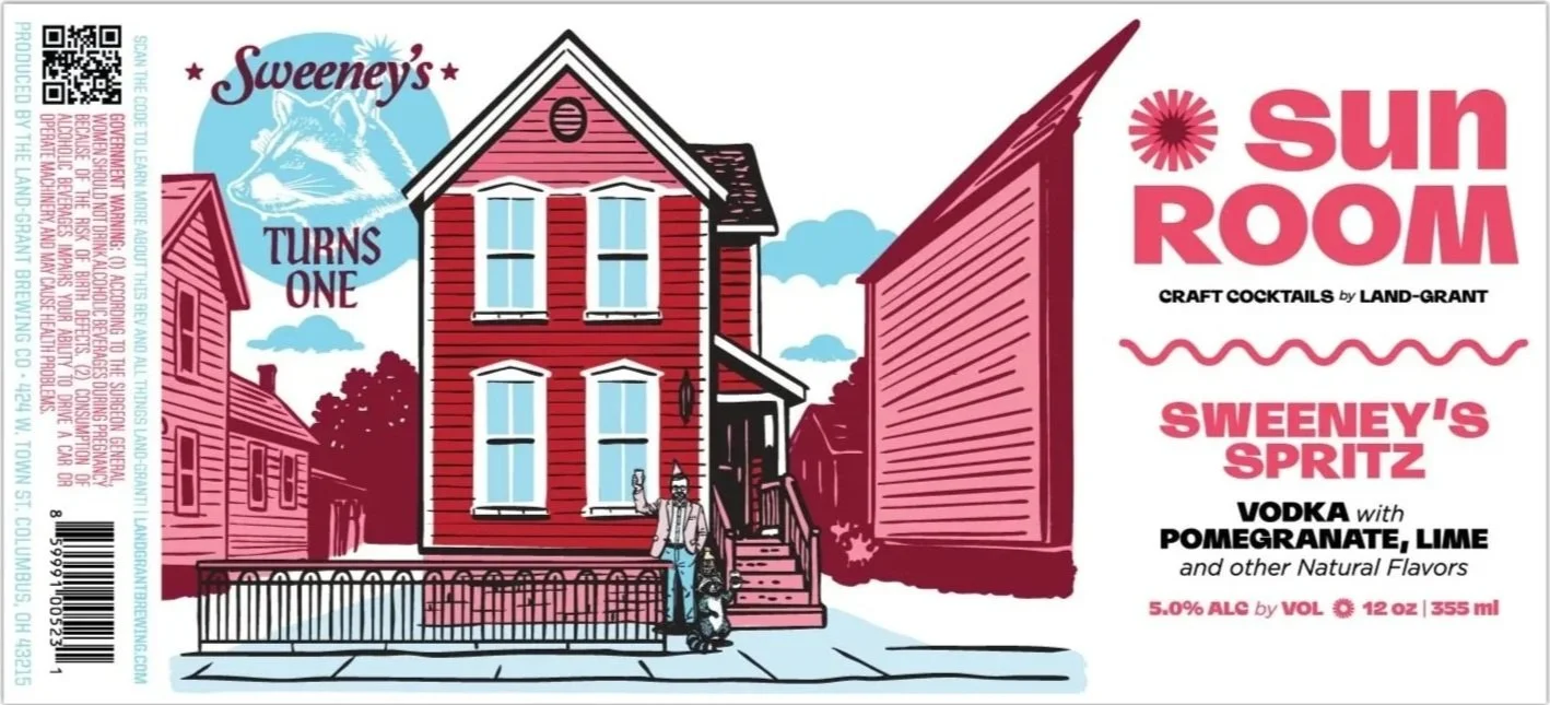 A colorful label design for a craft cocktail called Sun Room, featuring a red house, a person with a dog, and text promoting the drink's ingredients and alcohol content.