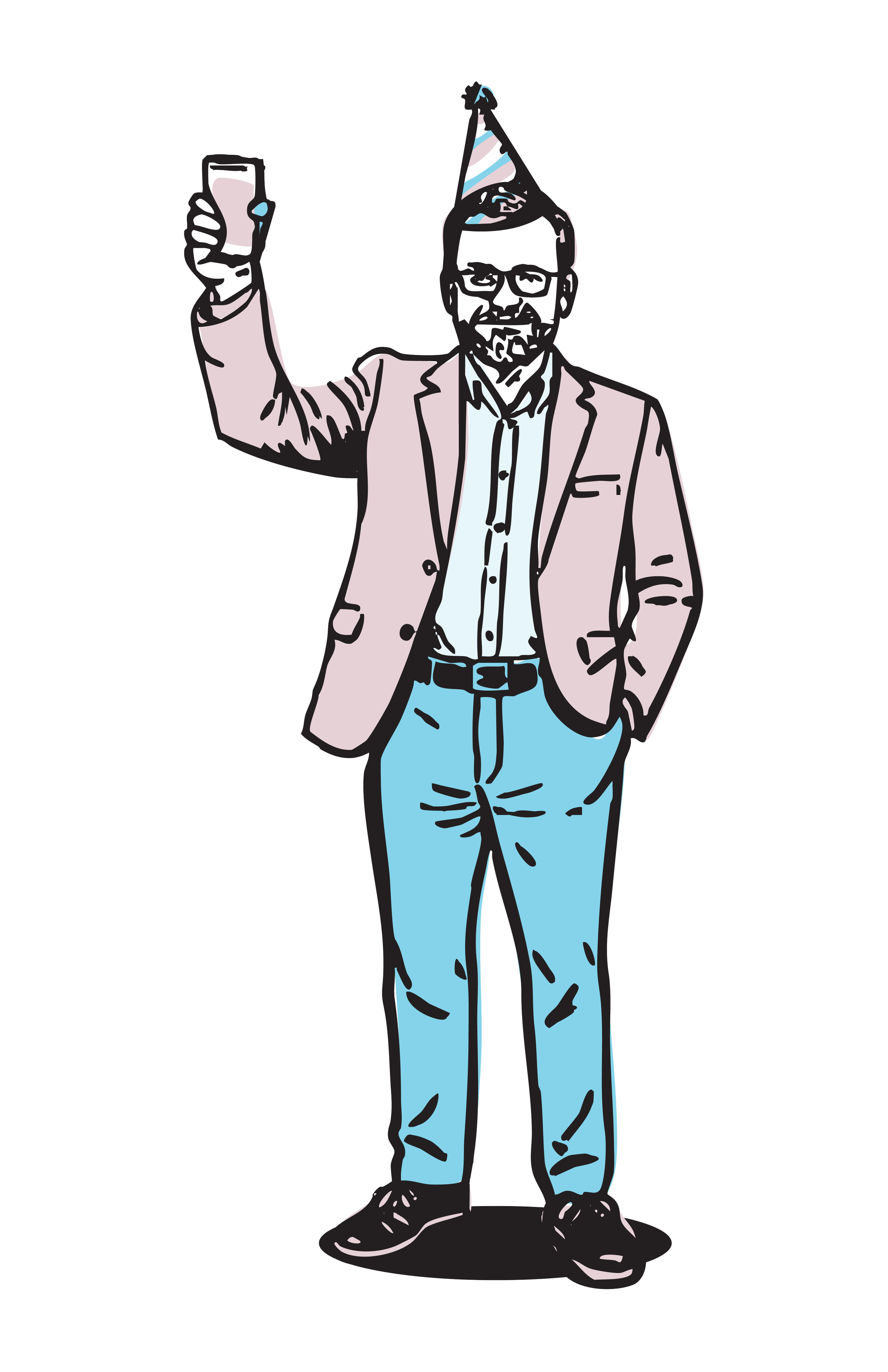 A man wearing glasses and a party hat, holding up a drink for a toast, celebrating with a smile.