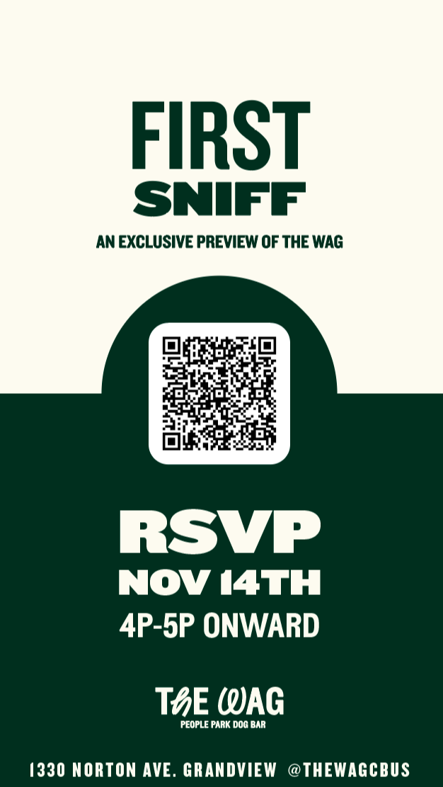 Invitation for a sneak peek of The Wag on November 14th, 4 to 5 PM, with a QR code, at 1330 Norton Ave, Grandview, at The Wag People Park Dog Bar.