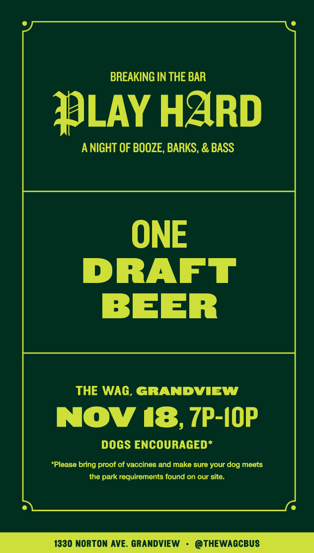 Event poster for a bar night featuring loud music and drinks, announcing 'Playing Hard,' a night of booze, dogs, and bass, happening November 18 from 7 to 10 PM at The Wag in Grandview, with dogs encouraged to attend.