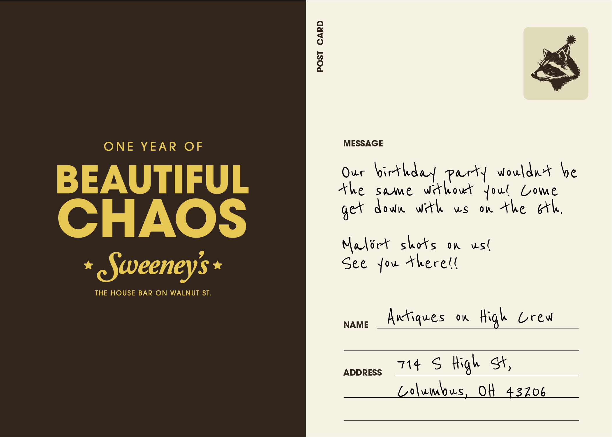 A celebration postcard for Sweeney's house bar on Walnut Street, titled 'One Year of Beautiful Chaos.' The postcard has a message inviting someone to a party on June 6th, mentioning 'Mai Tai shots.' The right side contains handwritten notes, a space for a name and address, and a raccoon with a party hat in the top right corner.