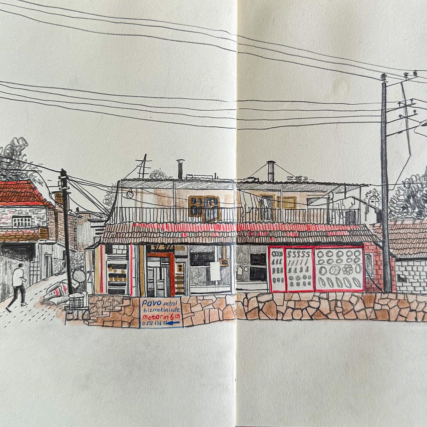 Loved all the shapes and lines that made up this bakery 
&bull;
&bull;
&bull;
#walktosee #observationaldrawing #drawdrawdraw #sketchbookdrawing #sketchbook #locationdrawing #csacbi #csacbi2024 #cambridgeschoolofart #pencildrawing #limitedcolour #fabe