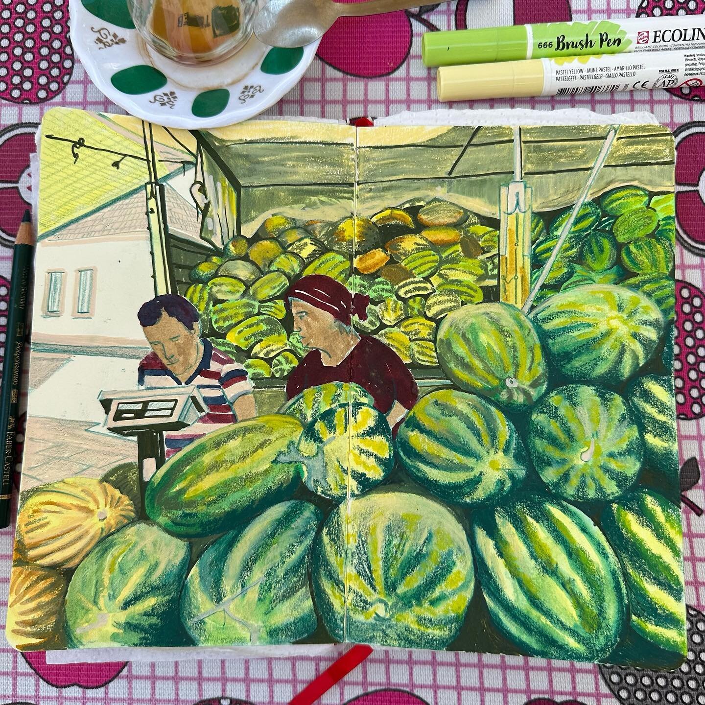 We bought the biggest watermelon I&rsquo;d ever seen from this market stall yesterday. 
It tastes pretty damn good 😋 🍉
&bull;
&bull;
&bull;
#walktosee #observationaldrawing #drawdrawdraw #sketchbookdrawing #sketchbook #locationdrawing #csacbi #csac