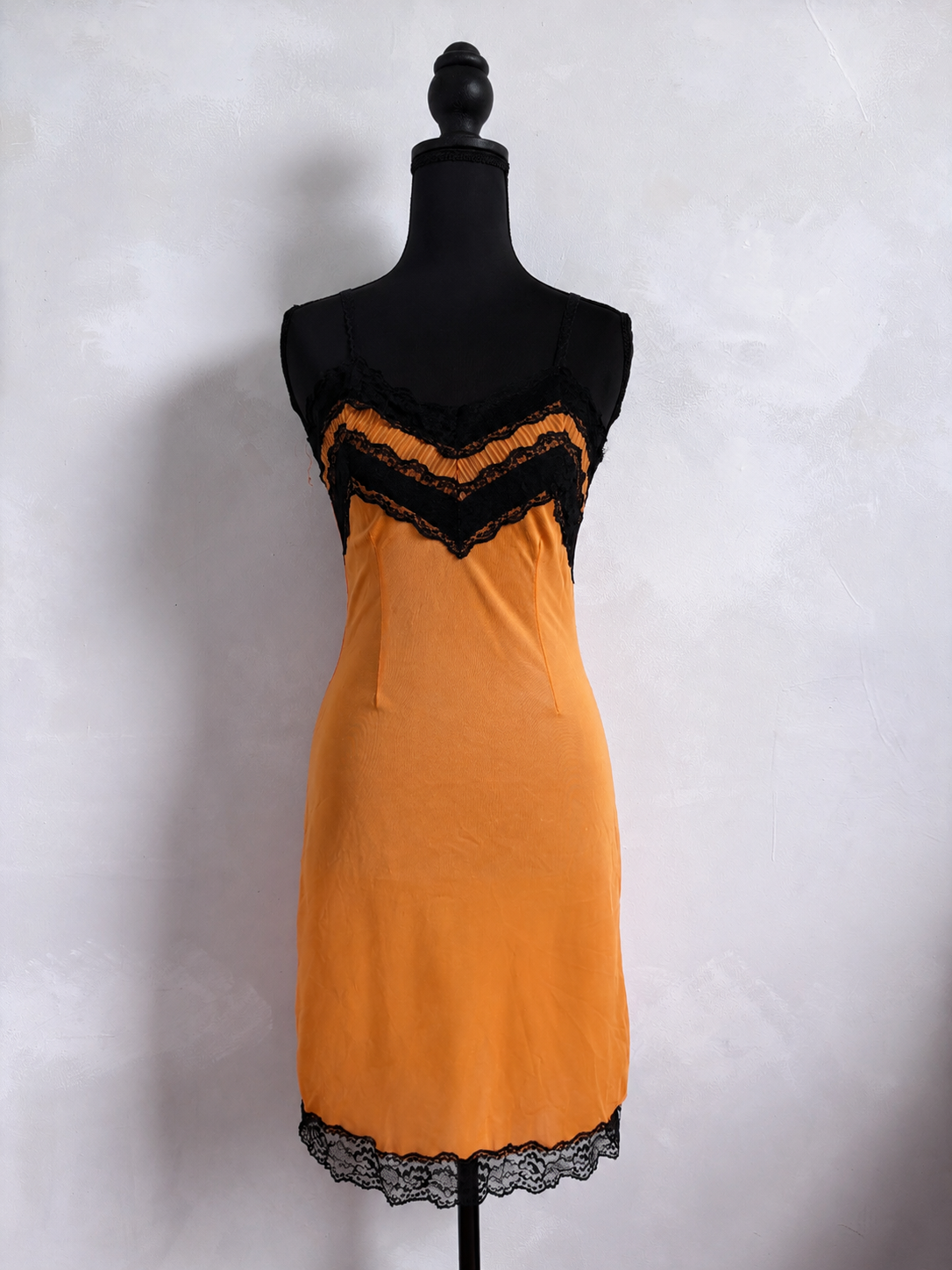 1960s Vintage Nylon Slip -  Orange and Black Lace