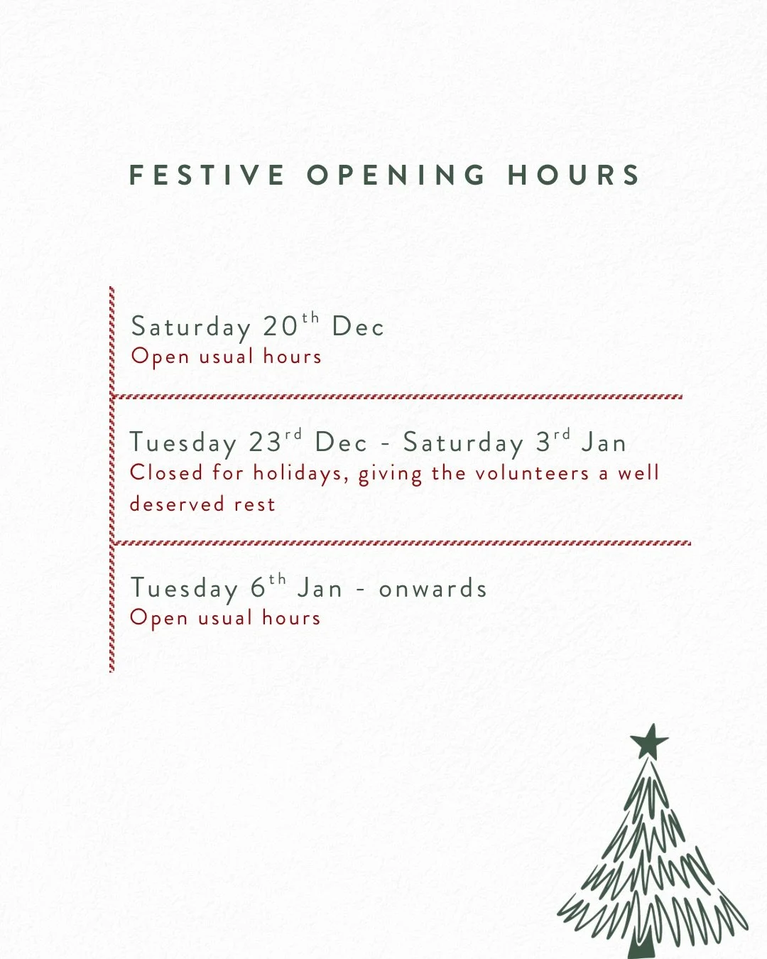 Our festive opening hours! We are closing for 2 weeks over the christmas period to give our team and volunteers a well deserved rest. We can&rsquo;t wait to welcome you back in the new year! Tuesday 6th Jan 2026!

Everyone is very welcome to come alo