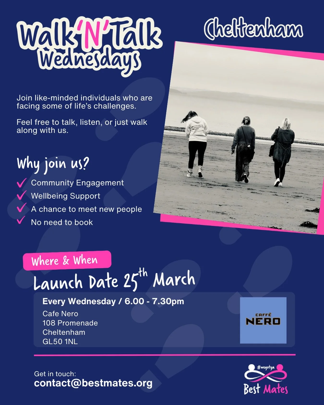 💙 Walk N Talk Wednesdays &ndash; Cheltenham Launch 💙

We&rsquo;re delighted to announce that Walk N Talk Wednesdays are coming to Cheltenham, launching on Wednesday 25th March.

Join me and Karina as we bring our supportive community walks to the t
