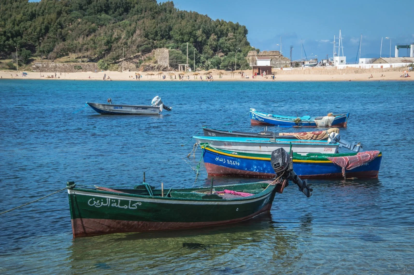 Barche da pesca colorate ormeggiate vicino alla costa, per il progetto ENSAMBLE.