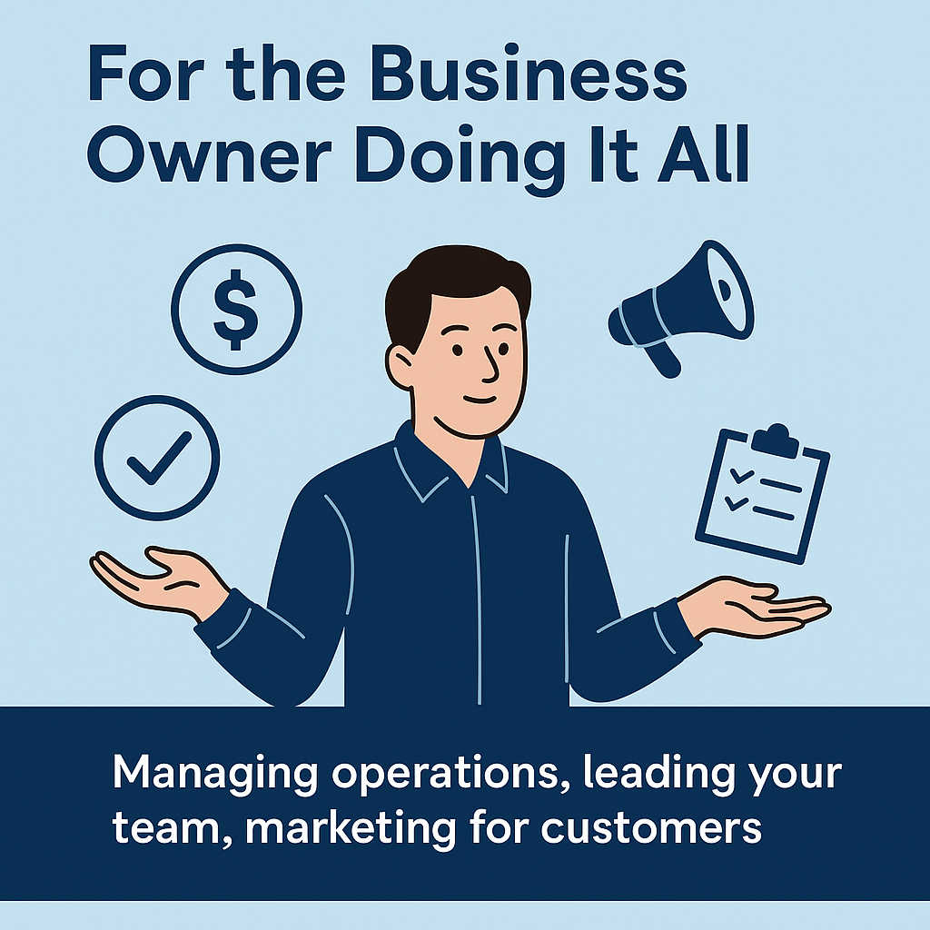 Flat-style graphic of a business owner juggling tasks with icons for money, marketing, and checklists. Text reads: “For the Business Owner Doing It All – Managing operations, leading your team, marketing for customers.”