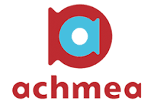 Achmea logo met een blauwe cirkel in een rode spraakballon en de naam 'achmea' eronder