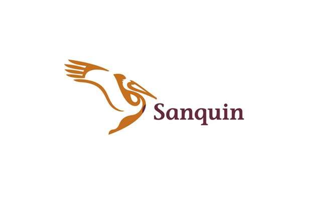 Logo met een gestileerde oranje vogel en de tekst 'Sanquin' in paarse letters.