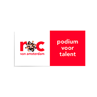 Logo met tekst 'RKC van Amsterdam, Podium voor Talent' op een rode en witte achtergrond.